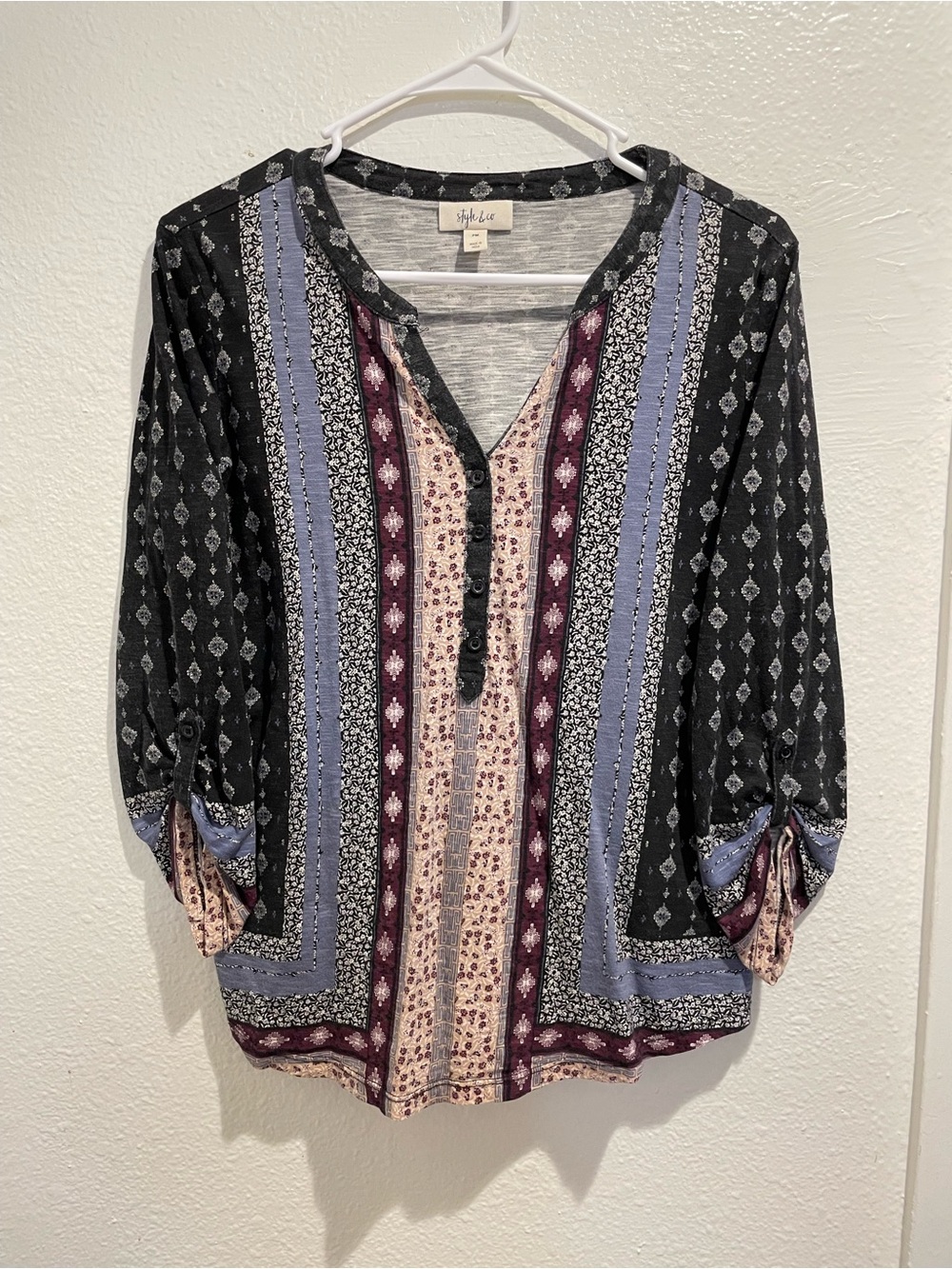 🌸 Style & Co Boho Mixed Print Patchwork Roll Tab Henley Blouse Petite Medium PM